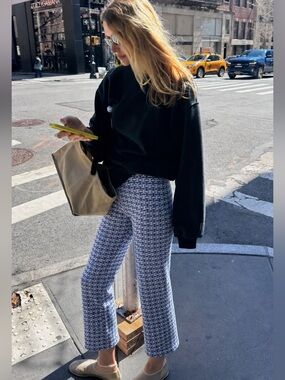 ZARA Blue White Knit Pants High Rise Retro Straight Leg Size S